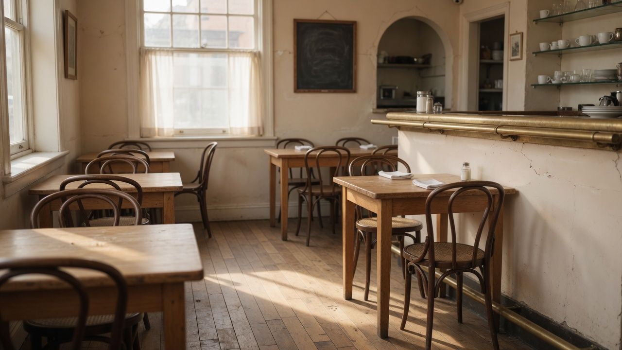 Kopi Lane floor with teak tables and a bar