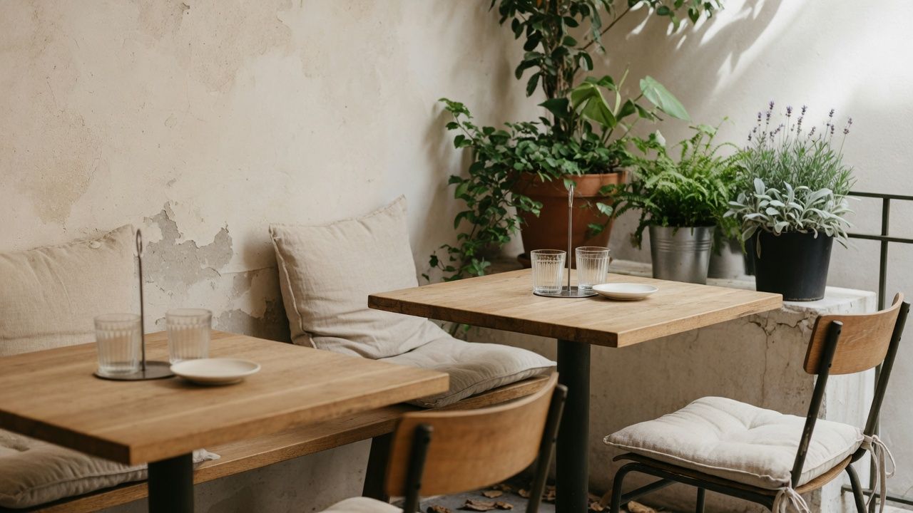 Café terrace with teak tables and greenery
