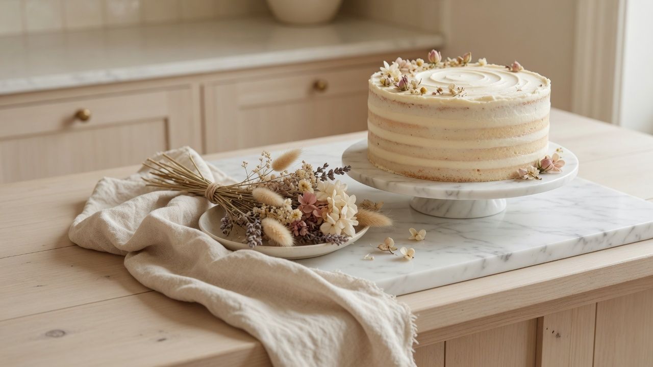 A bakery table: a cake on a marble stand